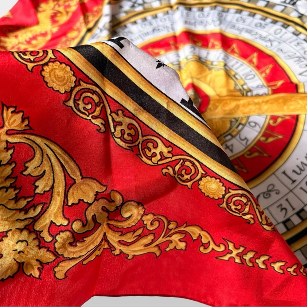 Vintage Calendar Silk Scarf – Roman Numerals & Ornate Baroque Print 30.5” - Picture 3 of 8
